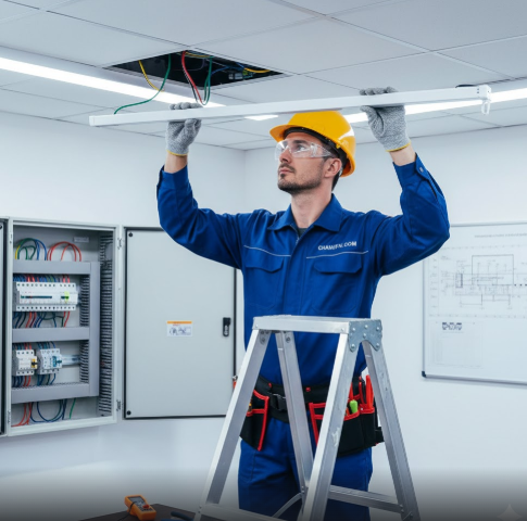 ช่างกำลังติดตั้งหลอดไฟ