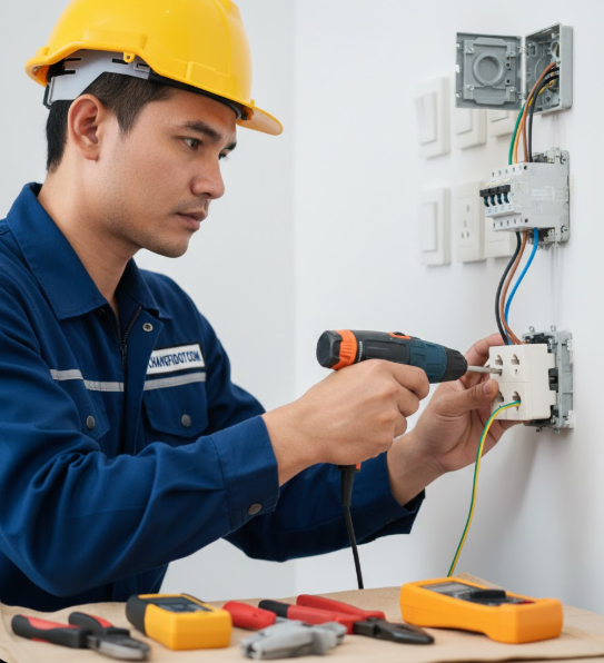 ช่างไฟกำลังติดตั้งปลั๊ก