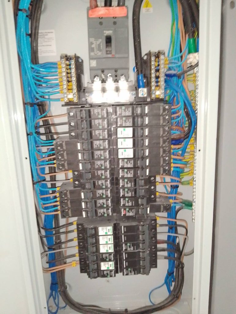 A messy electrical panel.