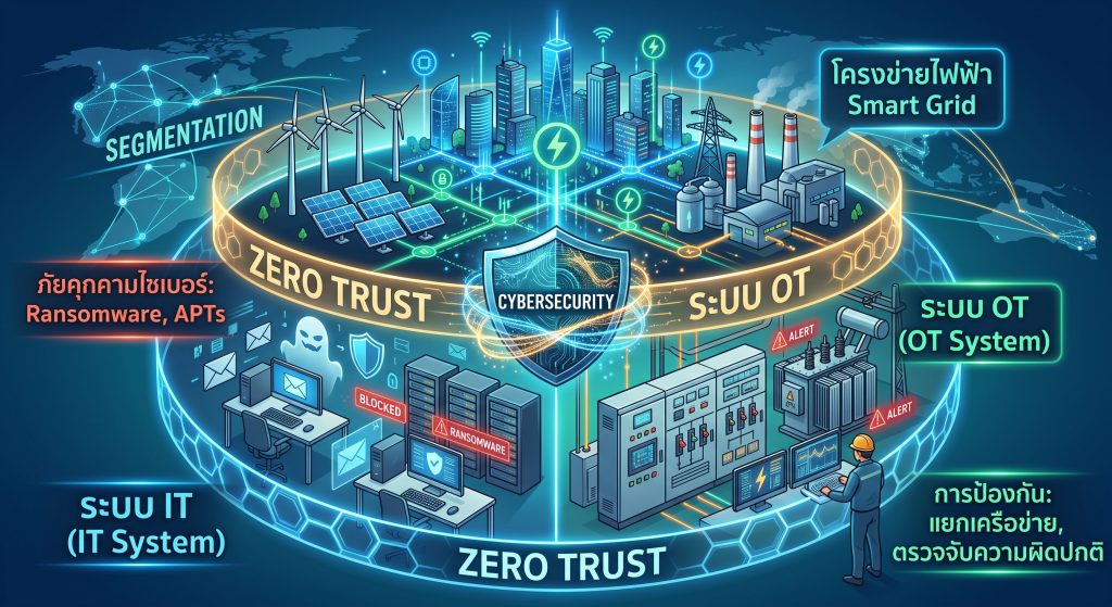 Illustration of a circular, futuristic cybersecurity concept titled ZERO TRUST, showing IT and OT systems around a shielded cyberwall with a Smart Grid, wind turbines, solar panels, data centers, and a security analyst—emphasizing ransomware/APT risks and segmentation for zero-trust security.